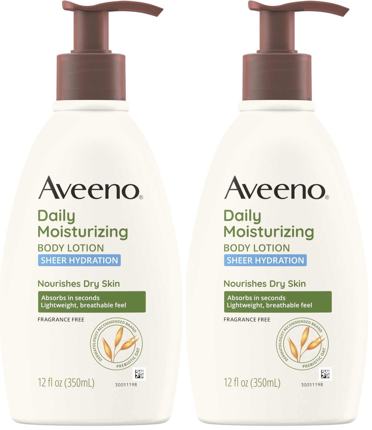 Aveeno Sheer Hydration Daily Moisturizing Fragrance-Free Lotion with Nourishing Prebiotic Oat, Fast-Absorbing Body Moisturizer for Dry Skin with Lightweight, Breathable Feel, 12 fl. oz (Pack of 2)