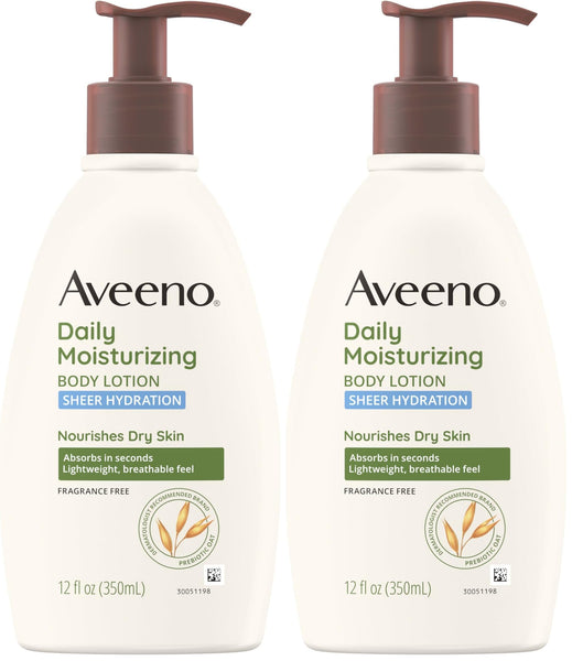 Aveeno Sheer Hydration Daily Moisturizing Fragrance-Free Lotion with Nourishing Prebiotic Oat, Fast-Absorbing Body Moisturizer for Dry Skin with Lightweight, Breathable Feel, 12 fl. oz (Pack of 2)