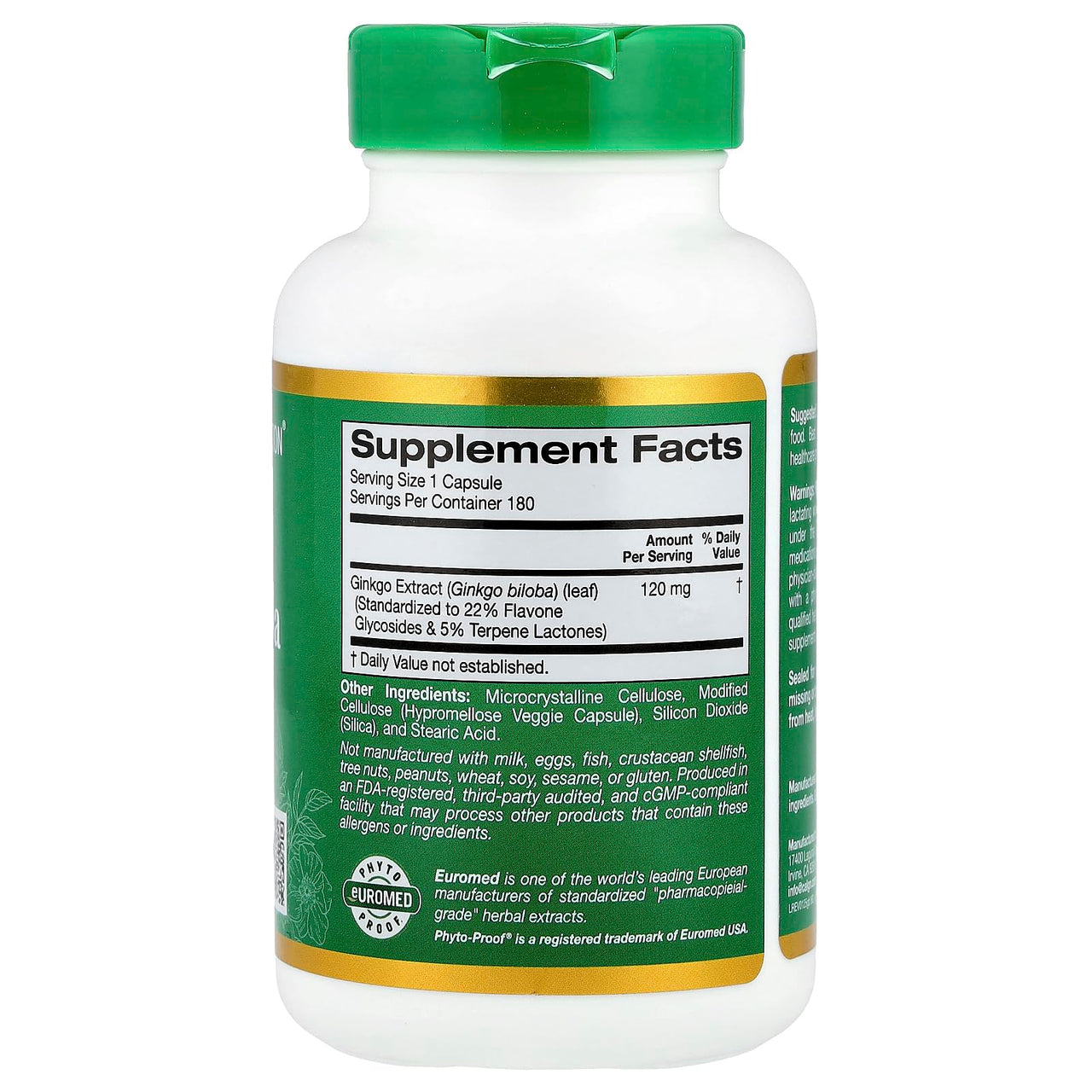 California Gold Nutrition, EuroHerbs™, Ginkgo Biloba Extract, Euromed Quality, 120 mg, 180 Veggie Capsules