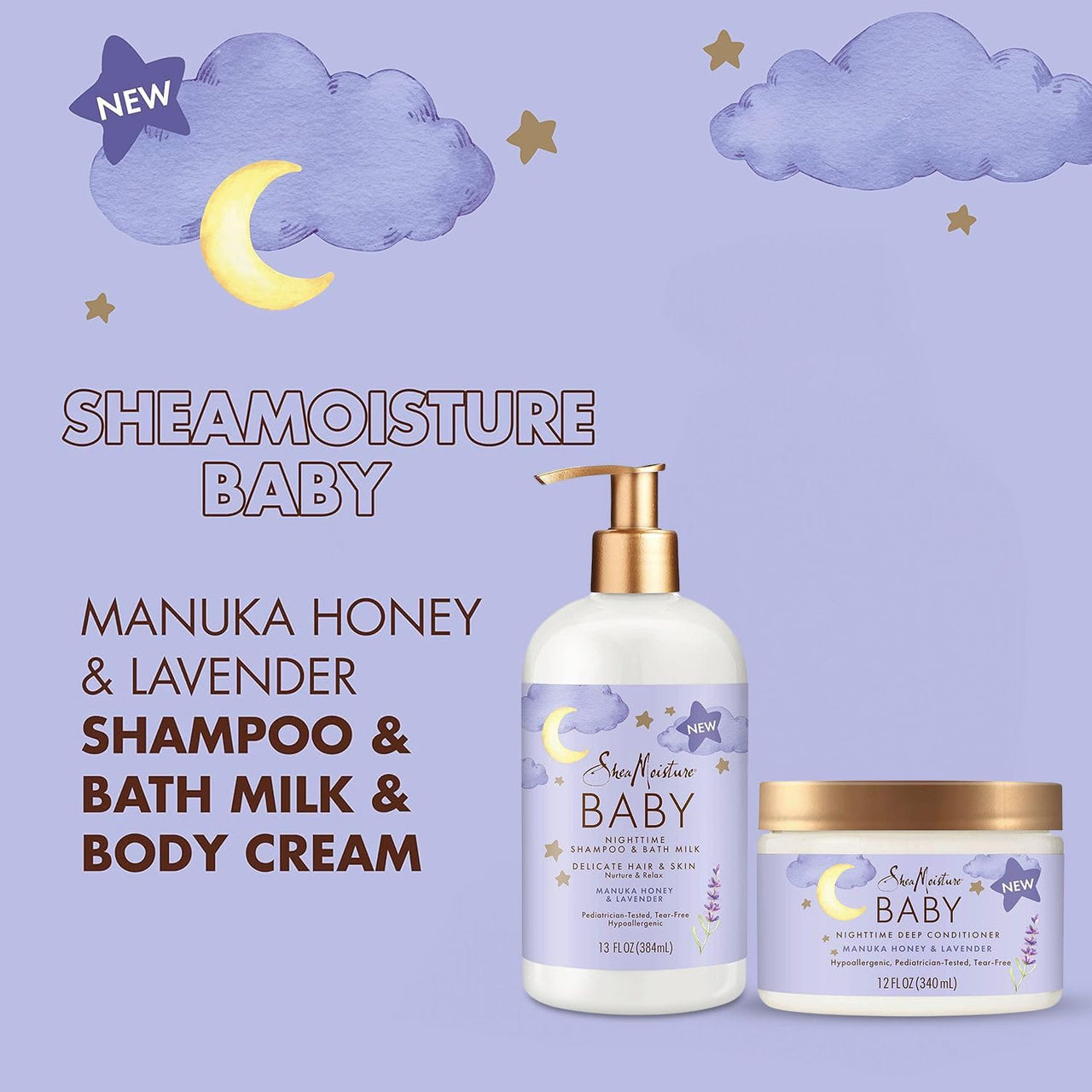 SheaMoisture Baby Essentials, Nighttime Shampoo & Bath Milk + Deep Conditioner, Manuka Honey & Lavender, Pediatrician-Tested, Hypoallergenic, Tear-Free