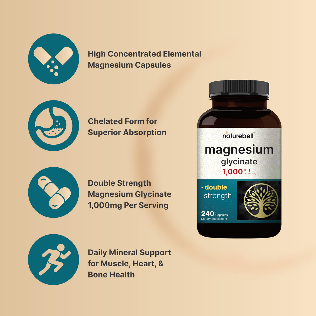 NatureBell Magnesium Glycinate 1,000mg, 240 Capsules | 500mg per Capsule | 100% Chelated & Purified | Sleep, Muscle & Nerve Support | Non-GMO, Gluten-Free