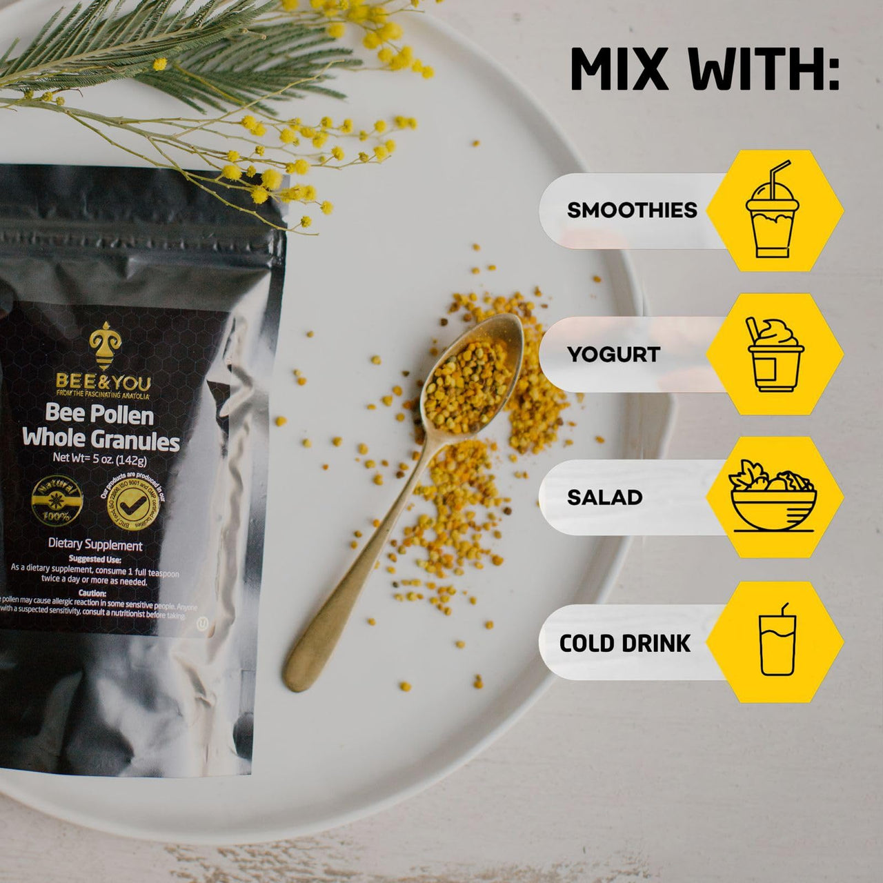 BEE and You Bee Pollen Granules, 5oz Bag, 100% Pure, Natural Supplement, Antioxidants, Proteins, Vitamins, Amino Acids, for Adults, Women, Men