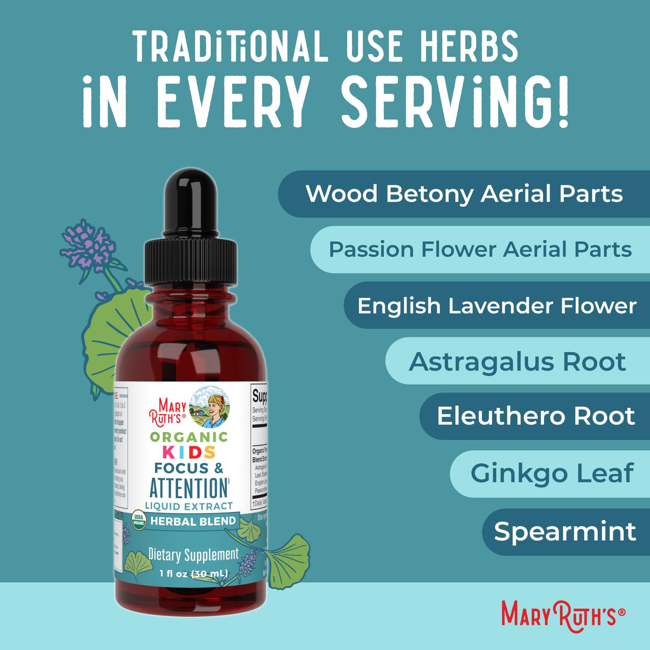 MaryRuth Organics Kids Focus & Attention Drops | USDA Organic Drops | Ginkgo Biloba | Rhodiola Root & Licorice Root | Adaptogenic | Calm | Vegan | Non-GMO | Gluten Free | 30 Servings