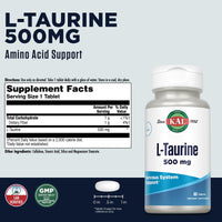 Thumbnail for KAL L Taurine 500mg, Amino Acids Supplement, Nervous System Health, Heart Health and Detox Support, Pre Workout Supplement, Rapid Disintegration ActivTabs, 60-Day Guarantee, 60 Servings, 60 Tablets