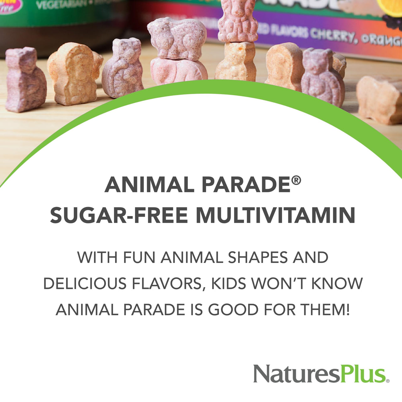 NaturesPlus Animal Parade Sugar-Free Children's Multivitamin - Assorted Cherry, Grape & Orange Flavors - 90 Chewable Tablets - 45 Total Servings