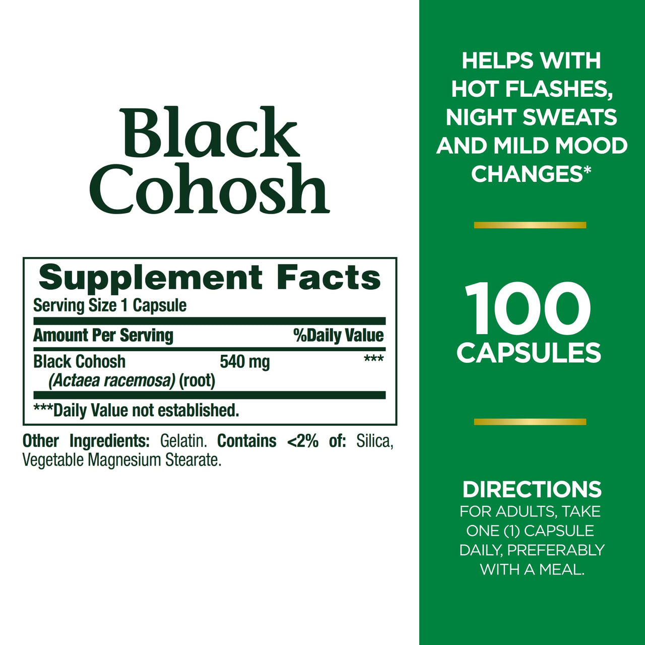 Nature's Bounty Black Cohosh Root Pills and Herbal Health Supplement, Natural Menopausal Support, 540 mg, 100 Capsules