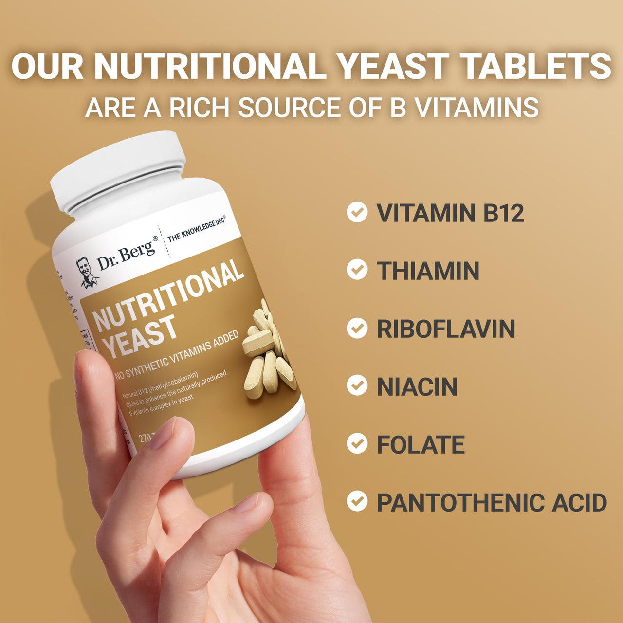 Dr. Berg Nutritional Yeast Tablets – Natural B12 Added - All 8 B Vitamin Complex – Organic Vanilla Flavor - 270 Vegan Tablets Dietary Supplements