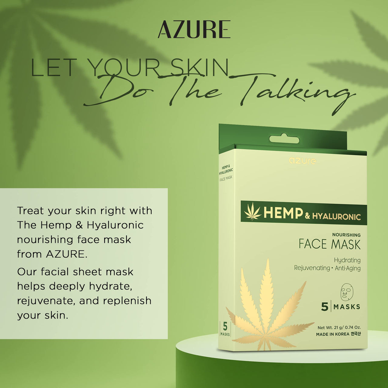 Azure Cosmetics Hemp Oil & Hyaluronic Acid Nourishing Facial Sheet - Anti Aging, Rejuvenating & Deeply Hydrating Mask - Reduces Fine Lines & Wrinkles, Locks in Moisture - Korean Skin Care - Pack of 5