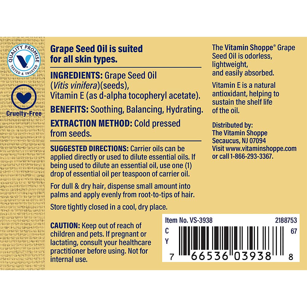 The Vitamin Shoppe Grape Seed Carrier Oil with Vitamin E - Soothing Balancing Skin Care | Aromatherapy Base | 4 oz | Hydrating