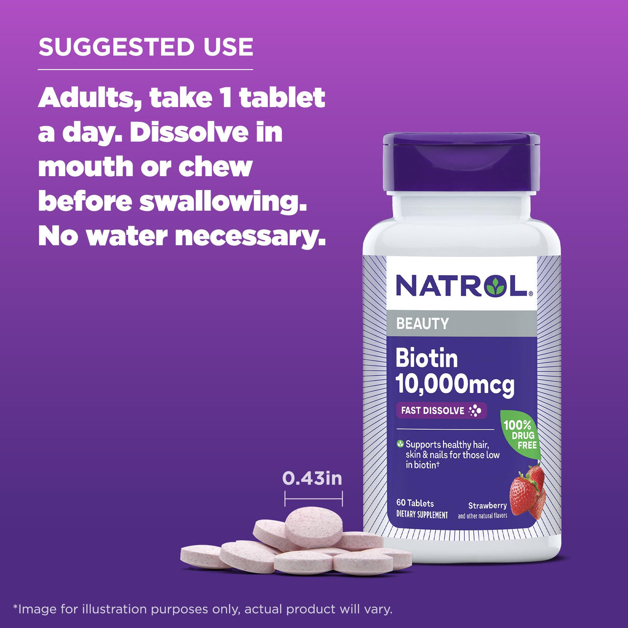 Natrol Biotin 10000mcg, 4X Faster Dissolve Supplement for Healthy Hair, Skin and Nails for Those Low in Biotin, Plus Energy Metabolism Support, 60 Tablets, Up to a 60 Day Supply