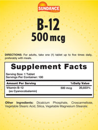 Thumbnail for Sundance Vitamin B-12 | 500mcg | 90 Vegetarian Tablets | Essential Vitamin Supplement | Non-GMO and Gluten Free Formula