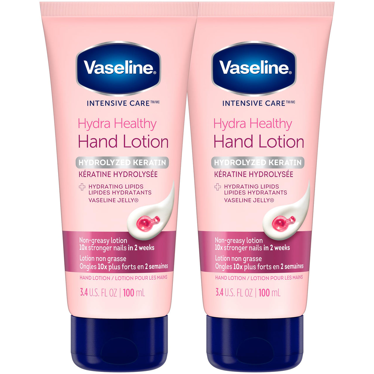 Vaseline Hand Cream 2-Pack – Healthy Hands Stronger Nails with Keratin, 10X Stronger Nails in 2 Weeks, 3.4 Oz Ea