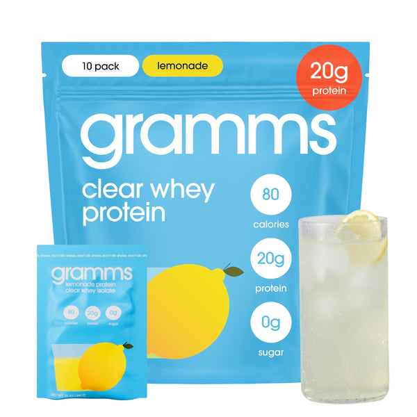 GRAMMS Clear Protein Powder Packets 20G Protein for Women & Men & Lactose Free, Grass-Fed Whey Isolate, Gluten Free, Zero Sugar, Gut Friendly, Non-Bloating (Lemonade-10 Servings)