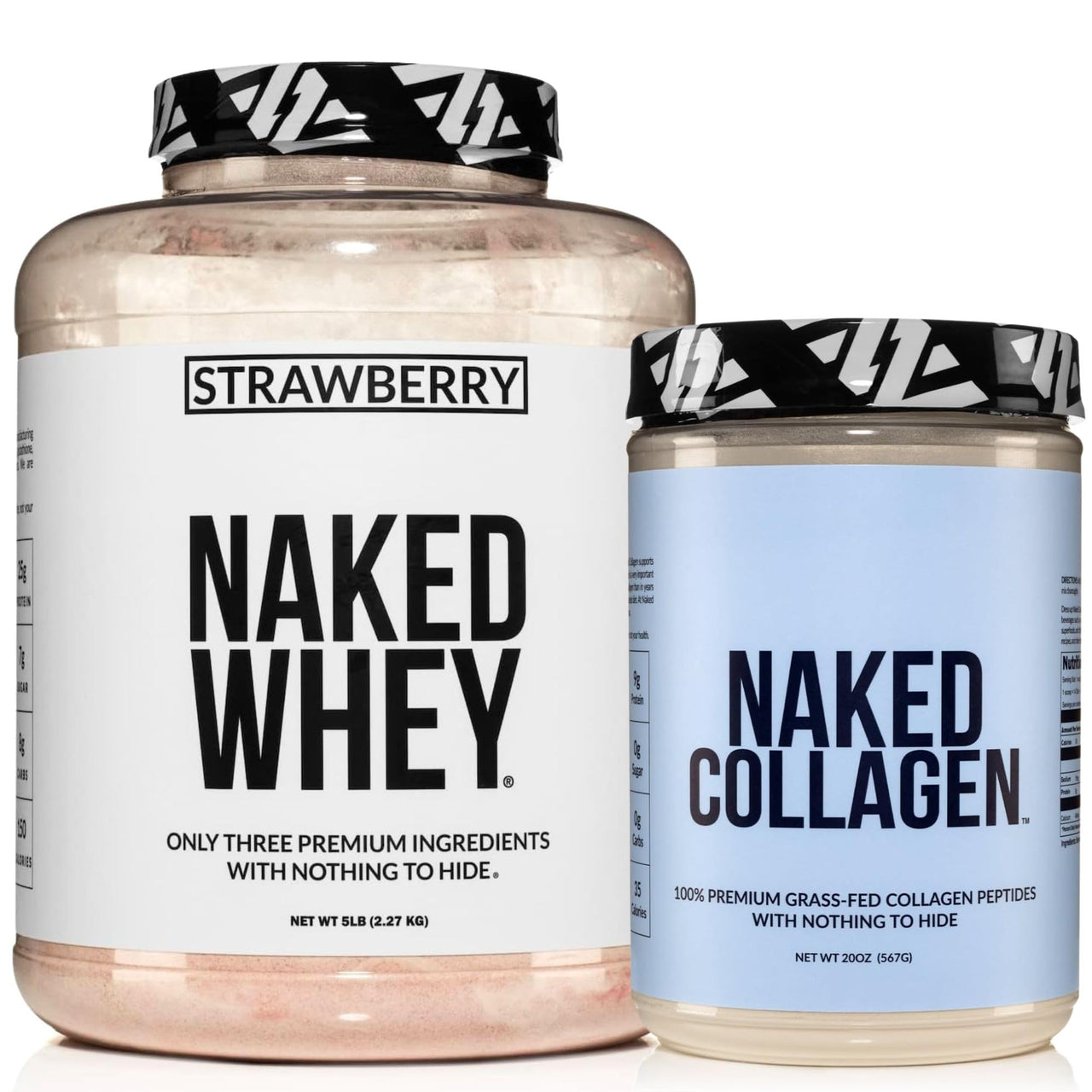 NAKED Strawberry Whey Protein Powder 5LB (61 Servings) + Collagen Peptides Protein Powder 20oz (60 Servings) – Grass-Fed; Bulk; Non-GMO; Gluten Free; Soy Free