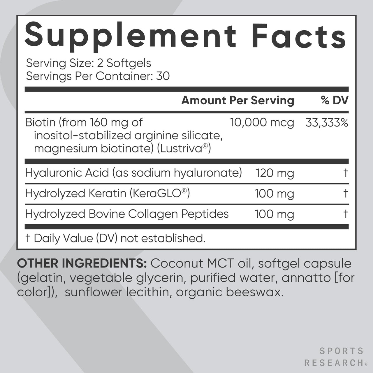 Sports Research® Hair, Skin & Nails Complex - Supports Hair Growth, Glowing Skin & Strong Nails - w/Lustriva® Biotin, Collagen, Hyaluronic Acid & KeraGLO® Keratin - Non-GMO, Gluten-Free, 60 Softgels
