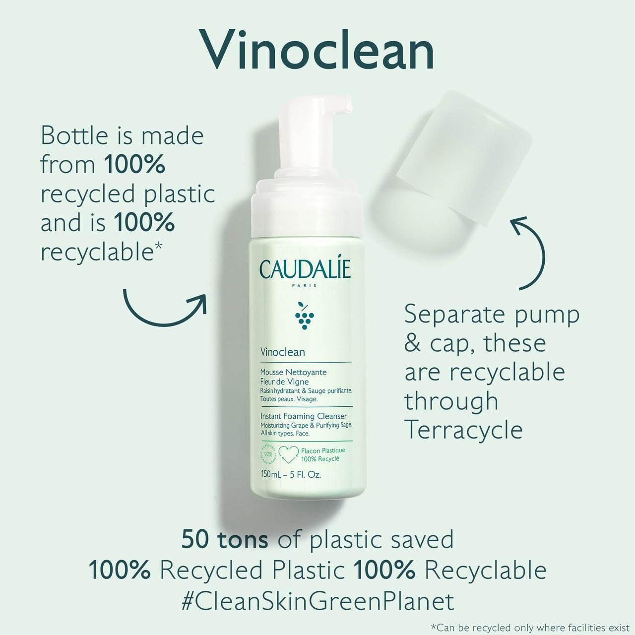 Caudalie Vinoclean Gentle Foaming Cleanser, Instant Foaming Cleanser, 150 mL
