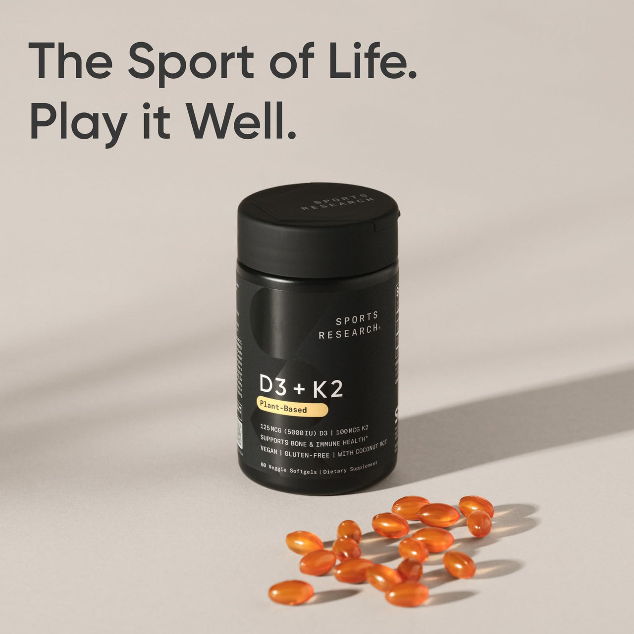 Sports Research® Vegan D3 5000iu with Vitamin K2 100mg - Formulated with Coconut MCT Oil - Vegan Certified, Soy & Gluten Free - 60 Softgels