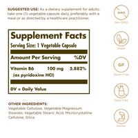 Thumbnail for Solgar, Vitamin B6 100 Mg Vegetable Capsules, Count