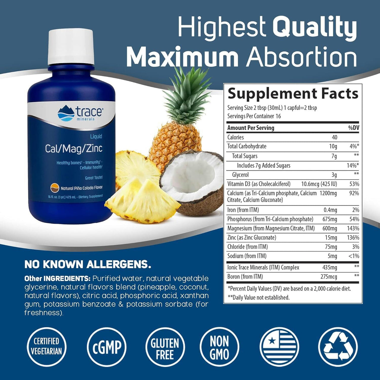 Trace Minerals Cal/Mag/Zinc - Liquid Mineral Supplement for Natural Body Health - Bone, Muscle & Cellular Health - Supports Immunity & Energy - Gluten-Free - 16Fl Oz (32 Servings) - Pineapple Coconut