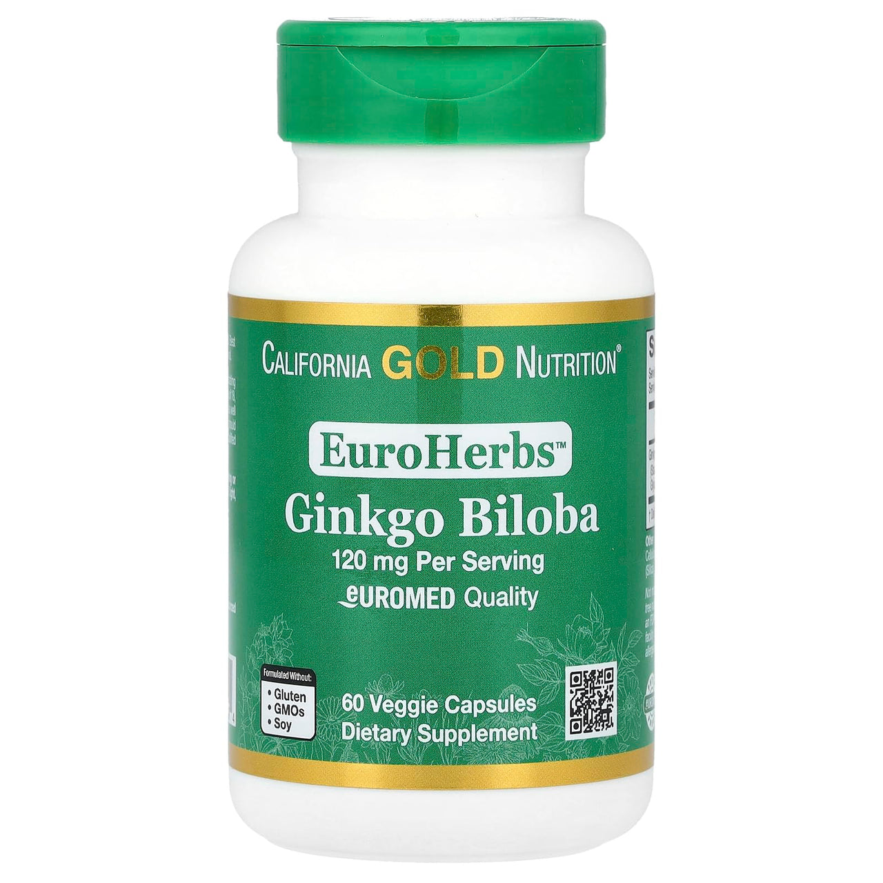 California Gold Nutrition EuroHerbs™, Ginkgo Biloba Extract, Euromed Quality, 120 mg, 60 Veggie Capsules