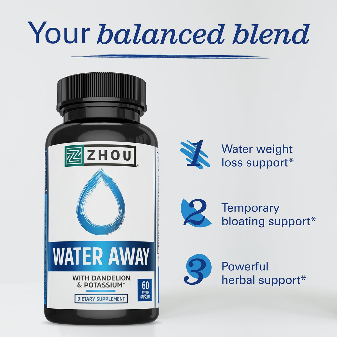 ZHOU Water Away - Natural Water Pills for Women & Men with Dandelion, Potassium, Cranberry and Green Tea, Cellular Energy and Metabolic Health - 60 Veggie Capsules (Pack of 1)
