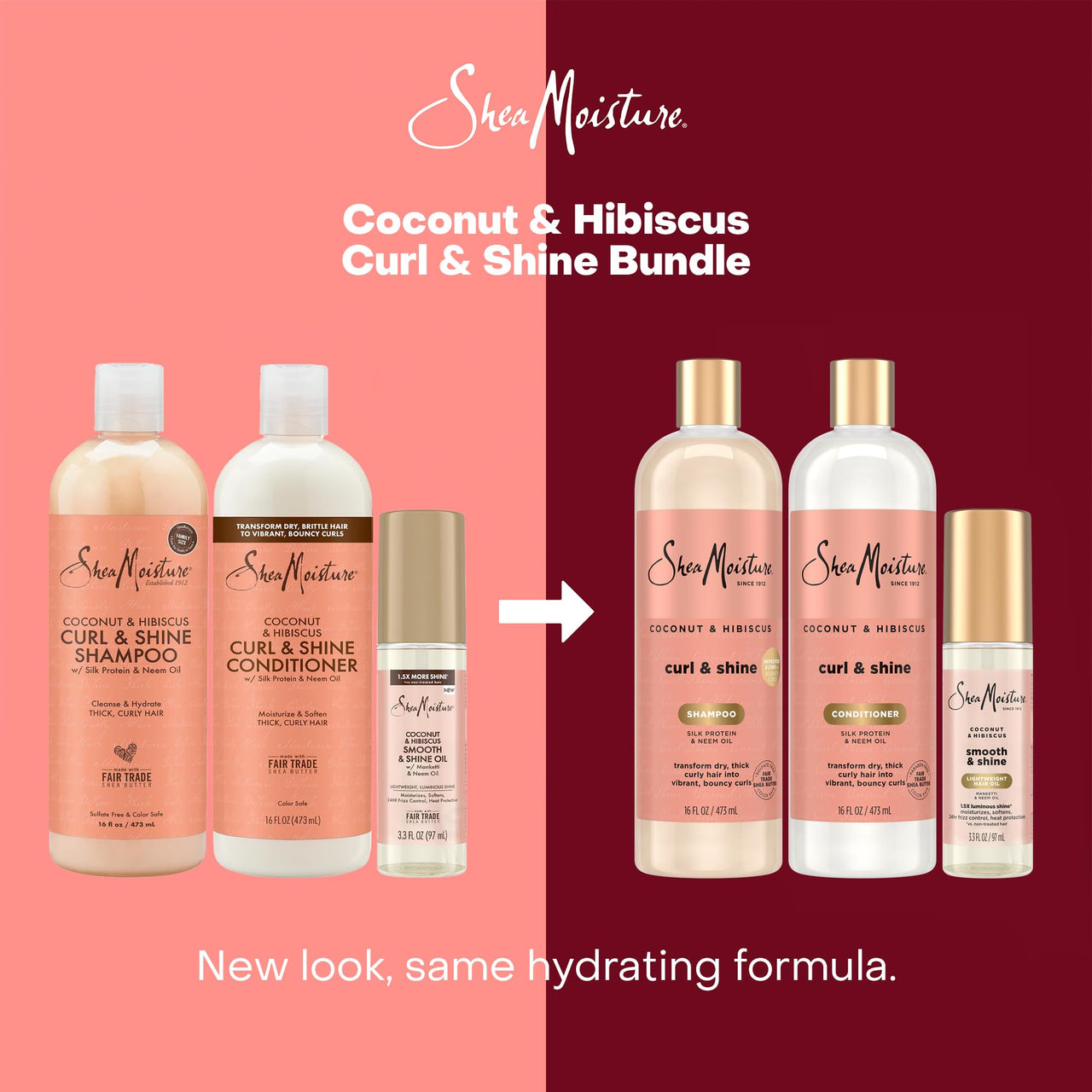 SheaMoisture Coconut & Hibiscus Curl & Shine Shampoo & Conditioner, Family Sizes + Smooth & Shine Oil for Bouncy Curls, Shiny Hair, Frizz Control