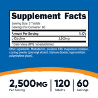 Thumbnail for Nutricost L-Citrulline 2500mg Per Serving, 60 Servings, 1250mg Per Tablet, 120 Tabs - Non-GMO and Gluten Free Supplement