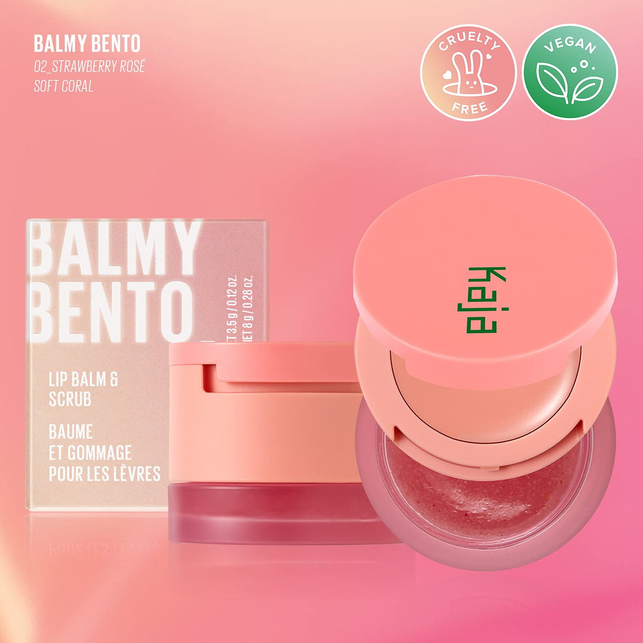 Kaja Lip Bento Balm + Scrub | with Coconut Oil, Coral Finish, Moisturize, Exfoliate, Smoothes Lips, Compact Travel Size, Strawberry Rosé, 0.4 Oz