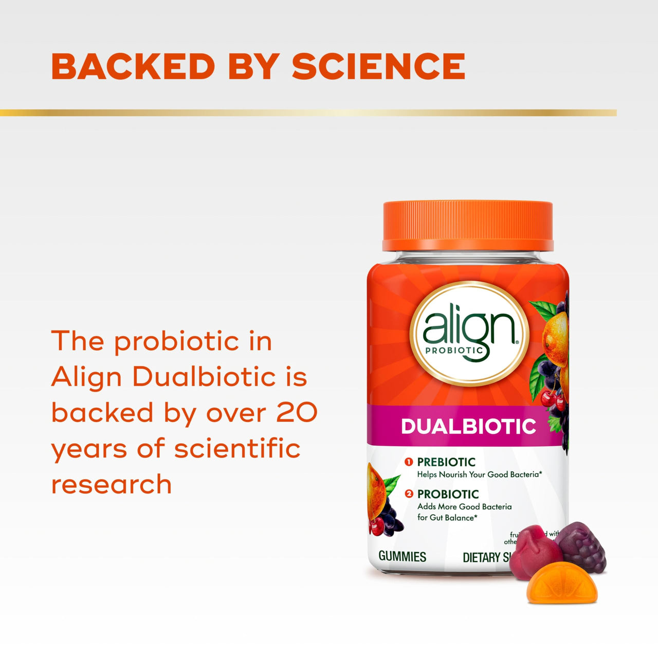 Align Dualbiotic, Prebiotics and Probiotics for Women and Men, Probiotics for Digestive Health, Prebiotics Help Nourish Good Bacteria, Natural Fruit Flavors, 60 Probiotic Gummies