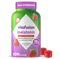 Thumbnail for vitafusion Max Strength 10 mg Melatonin Gummies, Strawberry Flavored, Adult Melatonin Gummy Vitamin Supplement, 100 Count, 50 Day Supply