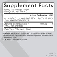 Thumbnail for Sports Research® Vitamin D3 + K2 with 10,000iu of Plant-Based D3 & 100mcg of Vitamin K2 as MK-7 | Non-GMO Verified & Vegan Certified 60ct