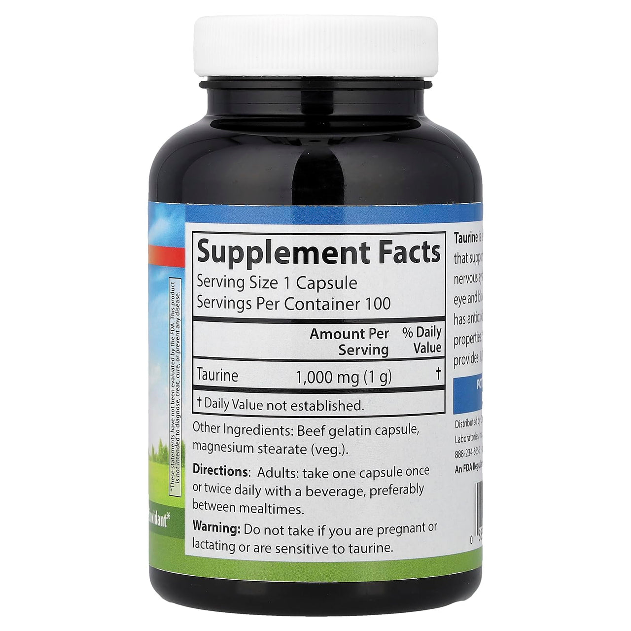 Carlson - Taurine, Free-Form Amino Acid, Support, Nerve Health & Muscle Function, 100 Capsules