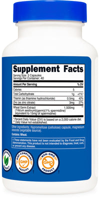 Thumbnail for Nutricost Spermidine Wheat Germ Extract Supplement, 1500mg Wheat Germ Extract, 120 Capsules - 15mg Equivalent Spermidine Per Serving, 40 Servings, Vegetarian and Non-GMO