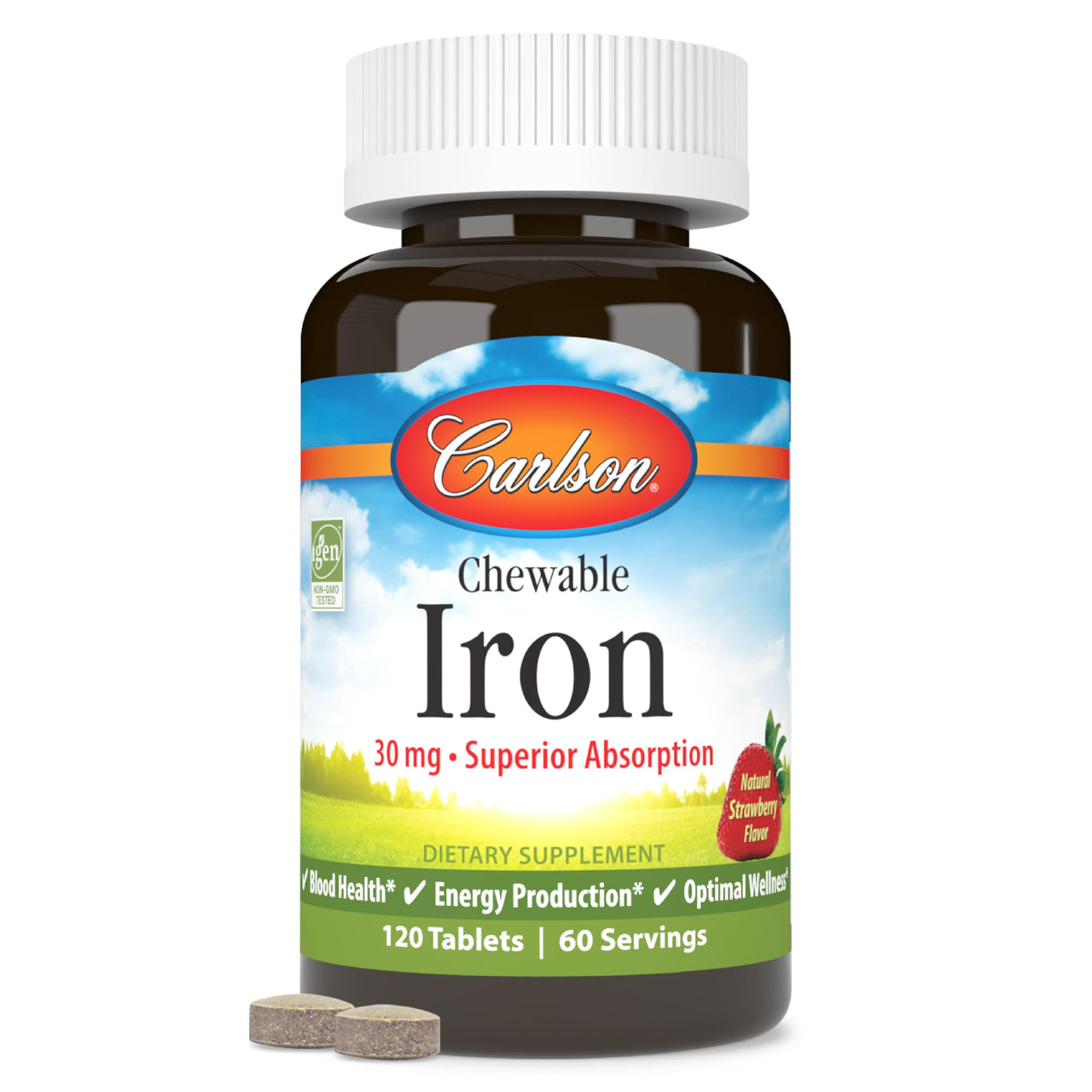 Carlson - Chewable Iron, 30 mg, Superior Absorption, Blood Health, Energy Production & Optimal Wellness, Chewable Iron Supplement for Women & Men, Natural Strawberry Flavor, 120 Tablets