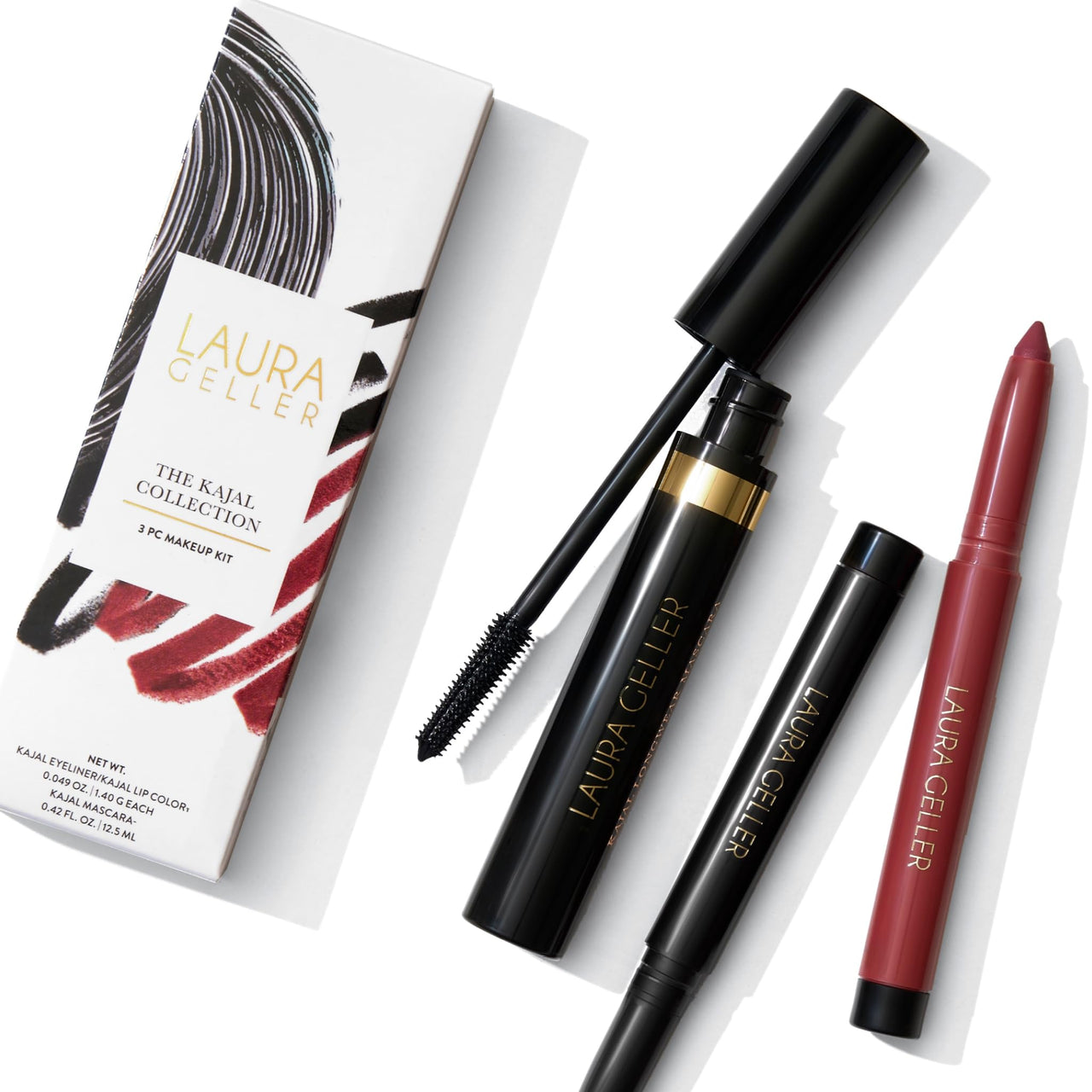 LAURA GELLER NEW YORK The Kajal Collection 3pc Makeup Set (02 Black Mascara, Deep Black Eyeliner, Dahlia Lip Color)