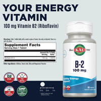 Thumbnail for KAL Vitamin B2 100mg, Riboflavin B2, Healthy Energy and Metabolism Supplement, Red Blood Cell Synthesis Support, Enhanced Absorption ActivTabs, Vegan, 60-Day Guarantee, 60 Servings, 60 Tablets