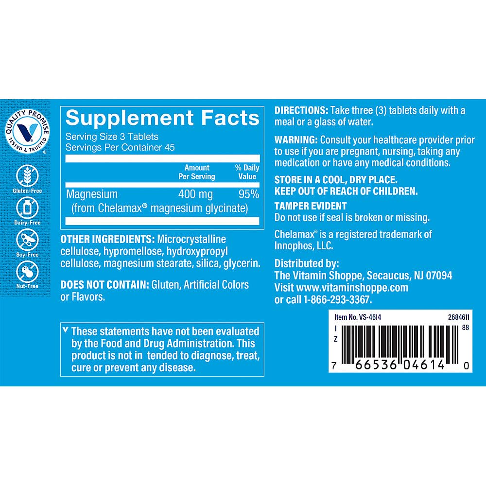 The Vitamin Shoppe Magnesium Glycinate 400 MG - Muscle Relaxation, Bone Health & Calm Support, Gentle on Stomach (135 Tablets)