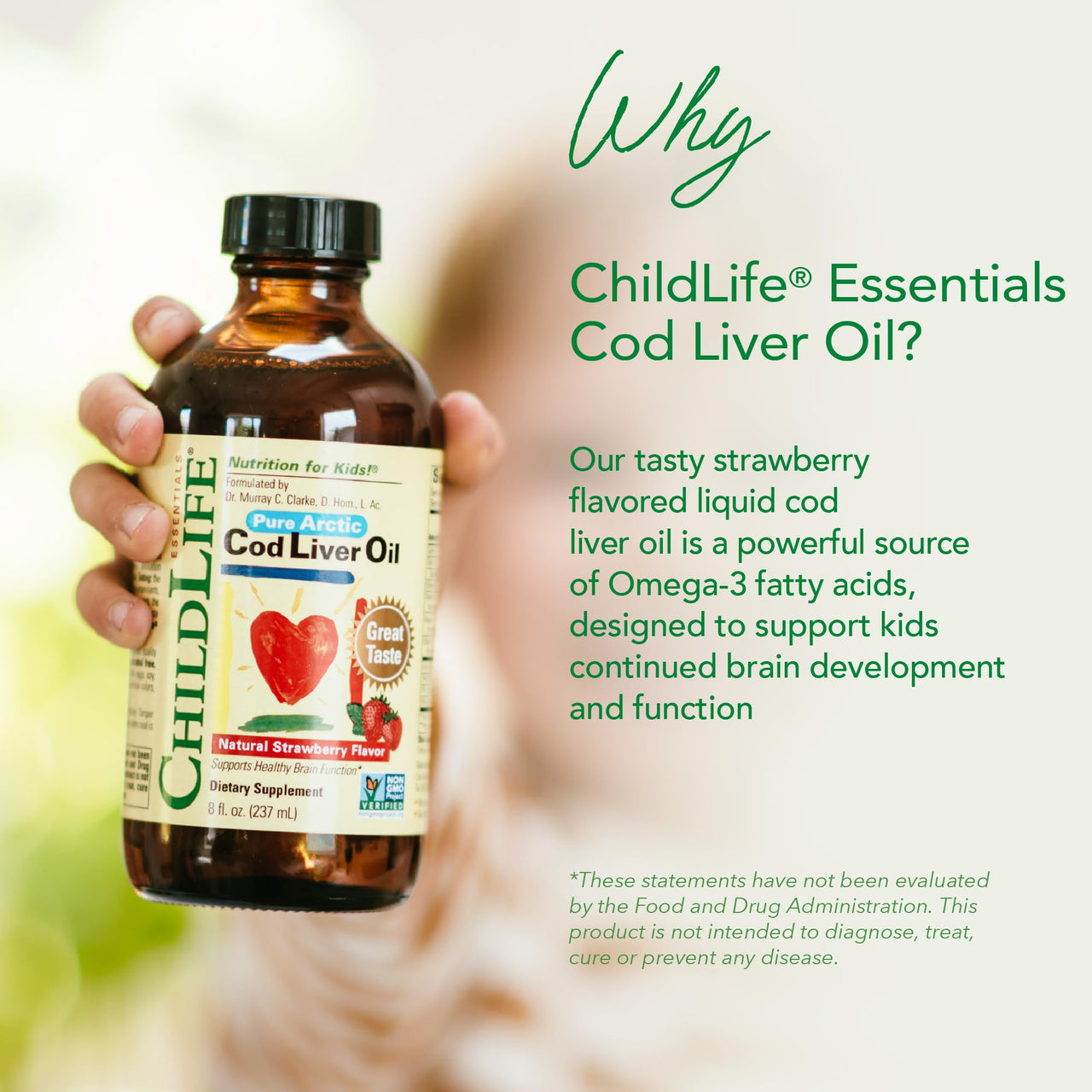 CHILDLIFE Essentials Cod Liver Oil for Kids - Liquid Arctic Cod Liver Oil for Babies 6+ Months, Toddlers, & Kids, Added DHA, EPA, Omega-3 Fatty Acids - Strawberry, 8 fl oz