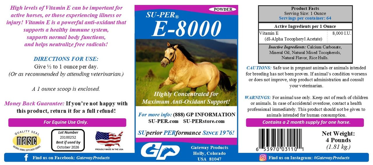 SU-PER E 8000 Horse Antioxidant Supplement - Concentrated Vitamin E Supplement for Performance Horses - 4 Pounds