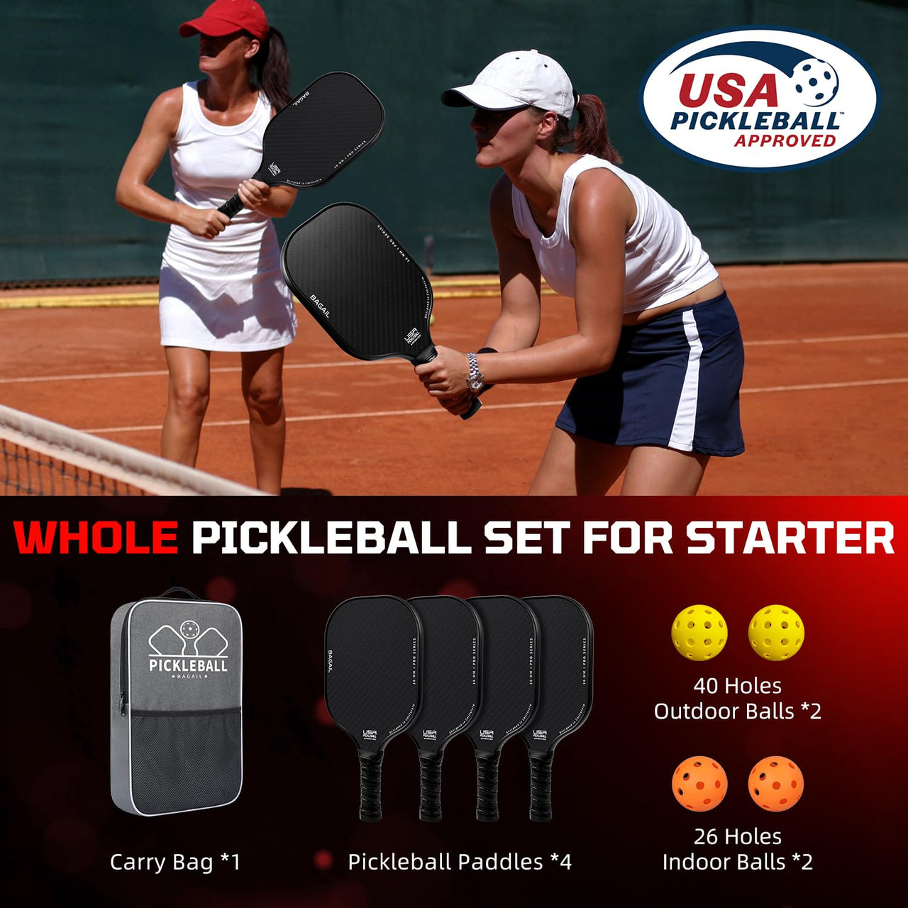 BAGAIL Pickleball Paddles, USAPA Approved Fiberglass Surface Pickleball Set, Lightweight Pickle Ball Rackets with 4 Balls, 1 Bag, Designed in California for Traction and Stability - 4 Pack, Black