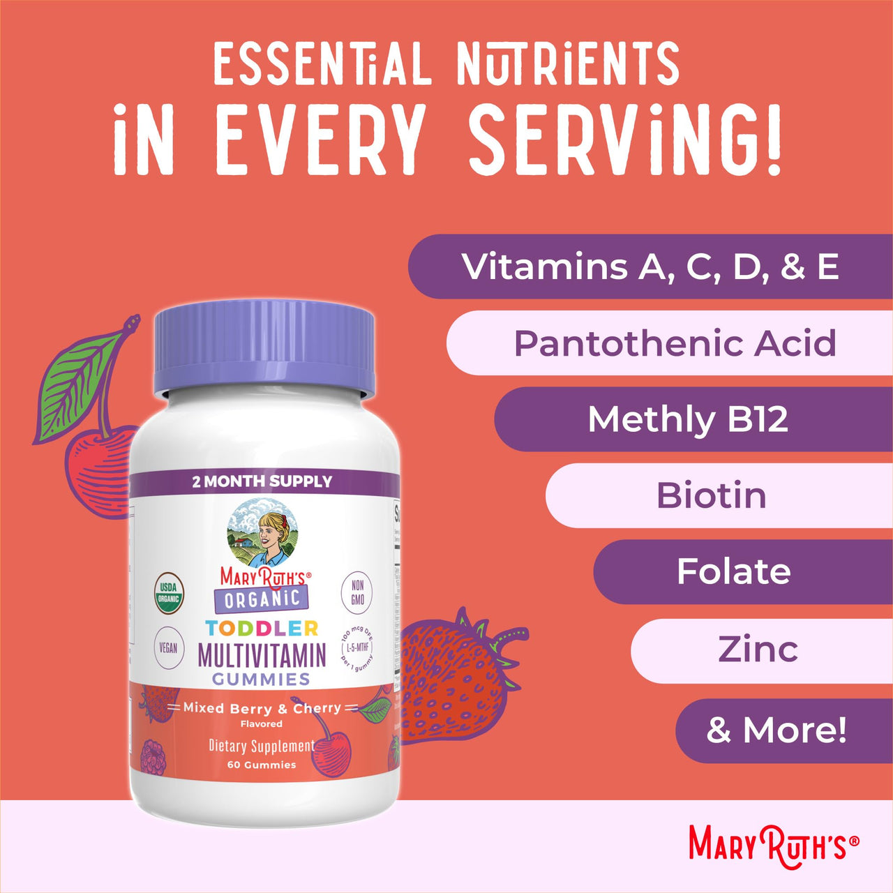MaryRuth's Organic Toddler Multivitamin Gummies | Ages 4+ | Vitamin A, C, D, E, B6, B12, Biotin, Iodine, Zinc | Immunity | Bone & Teeth Health | Skin & Vision Support | Vegan | Gluten Free | 60 Count