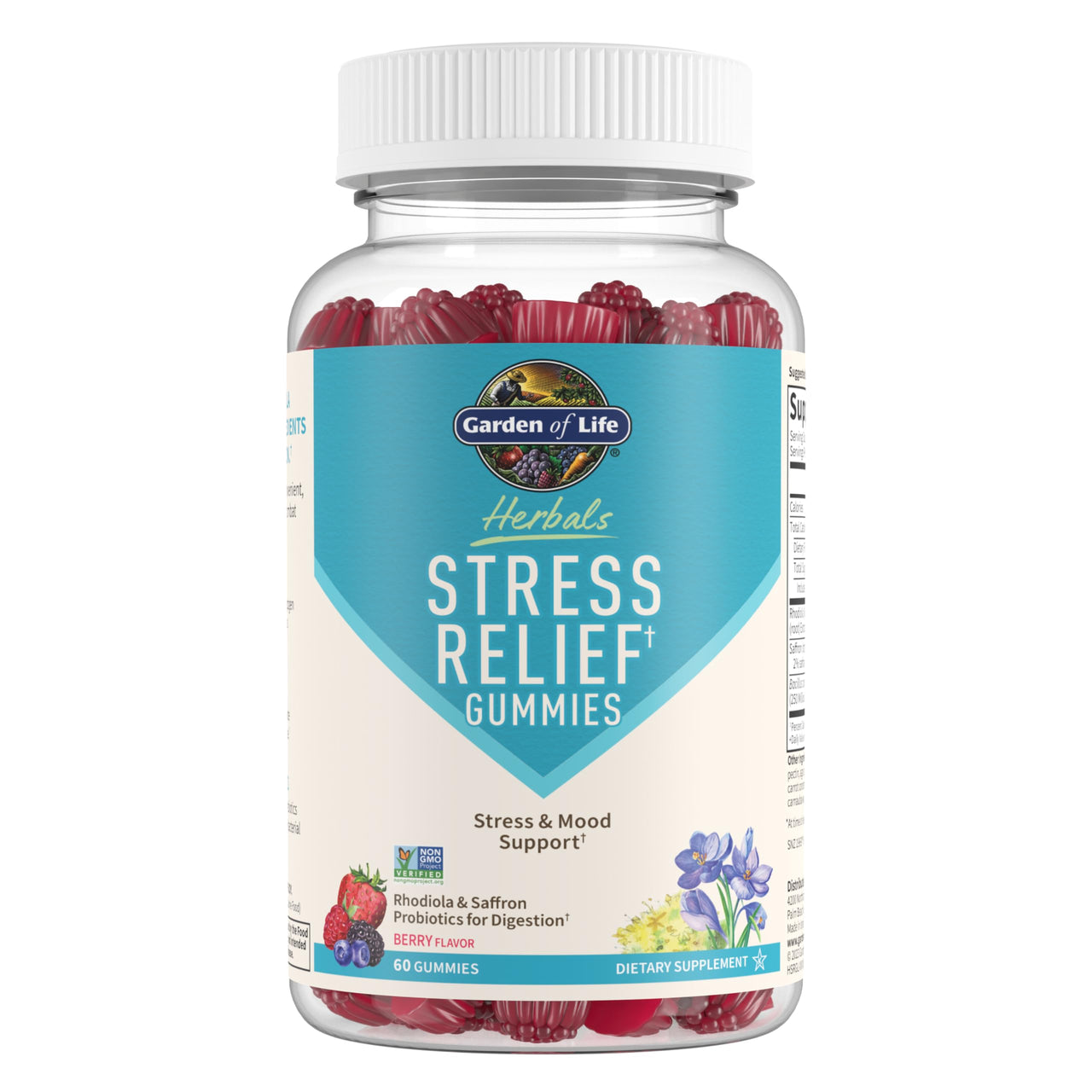 Garden of Life Herbals Stress Relief Gummy with Rhodiola & Saffron for Positive Mood & Stress Response Plus Prebiotics & Probiotics for Digestive Support, Gluten-Free, Berry Flavor, 30 Servings