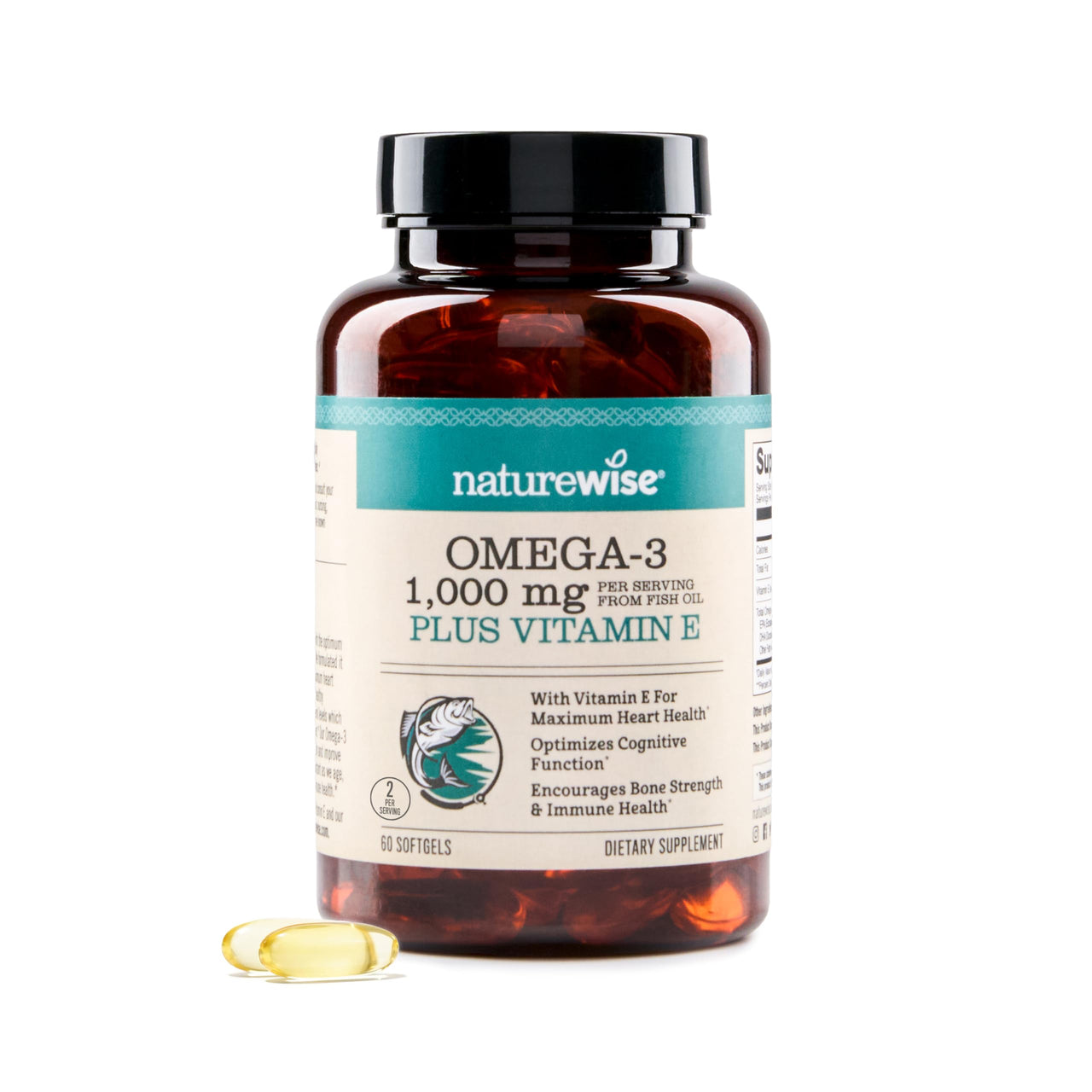 NatureWise Extra-Strength Omega 3 Fish Oil Supplement - 1000mg per Serving - 600 EPA & 400 DHA and Vitamin E - Support for Heart & Brain Health - Lemon Flavor, GMO-Free - 60 Softgels[1-Month Supply]