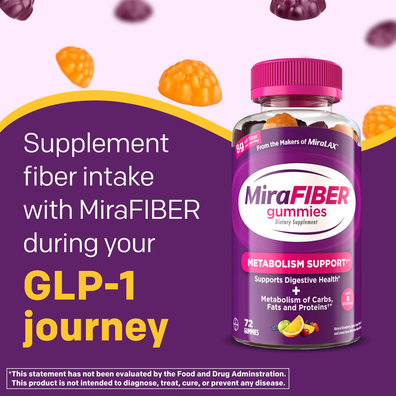 MiraFIBER Gummies from The Makers of MiraLAX, 8g of Daily Fiber Per Serving, Metabolism Support with B Vitamins, Gut Health for Men & Women, Prebiotic Fiber Gummies for Adults, Mixed Fruit Flavor 72Ct