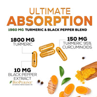 Thumbnail for Turmeric Curcumin Supplement 95% Curcuminoids - 1800mg Organic Turmeric Per Serving - BioPerine Black Pepper Extract for Best Absorption, Natural Joint Support, Non-GMO, Bottled in USA - 240 Capsules
