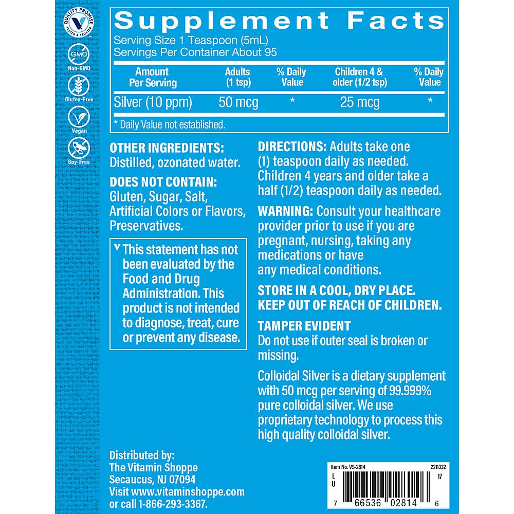 The Vitamin Shoppe Colloidal Silver Solution 10 PPM - Immune Defense & Wellness | Nano Silver Particles | 16 oz Bottle | 99.99% Pure