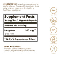 Thumbnail for Solgar L-Arginine 500 mg - 100 Vegetable Capsules - Nitric Oxide Stimulator - Non-GMO, Vegan, Gluten Free, Dairy Free, Kosher - 100 Servings