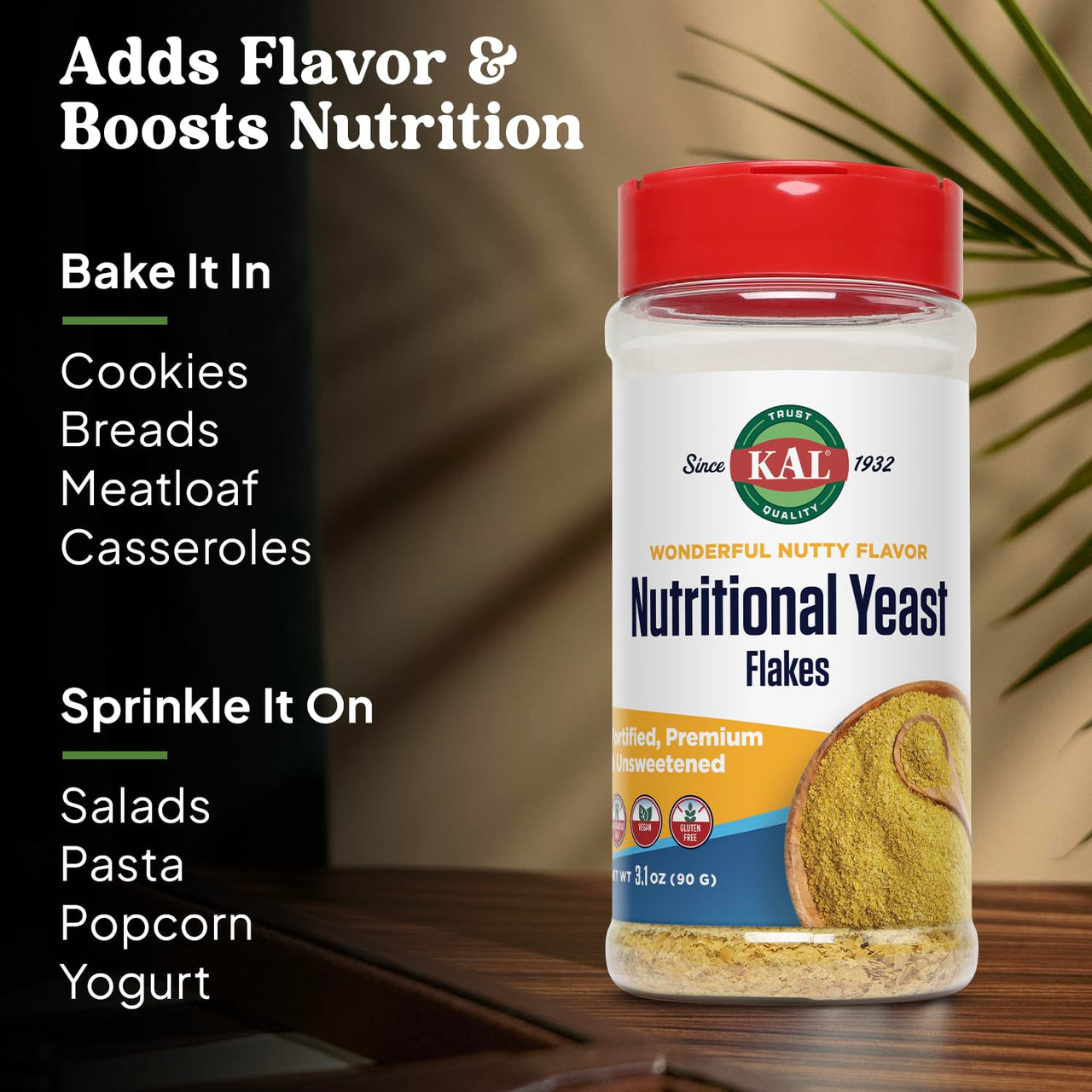 KAL Nutritional Yeast Flakes, Fortified with B12, Folic Acid & Other B Vitamins, Unsweetened, Great Nutty Flavor, Vegan & Gluten Free, 60-Day Money Back Guarantee, Made in The USA, 20 Servings, 3.1oz