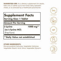 Thumbnail for Solgar L-Lysine 1000 mg - 250 Tablets - Skin & Tissue Support - Non-GMO, Vegan, Kosher, Gluten Free - 250 Servings