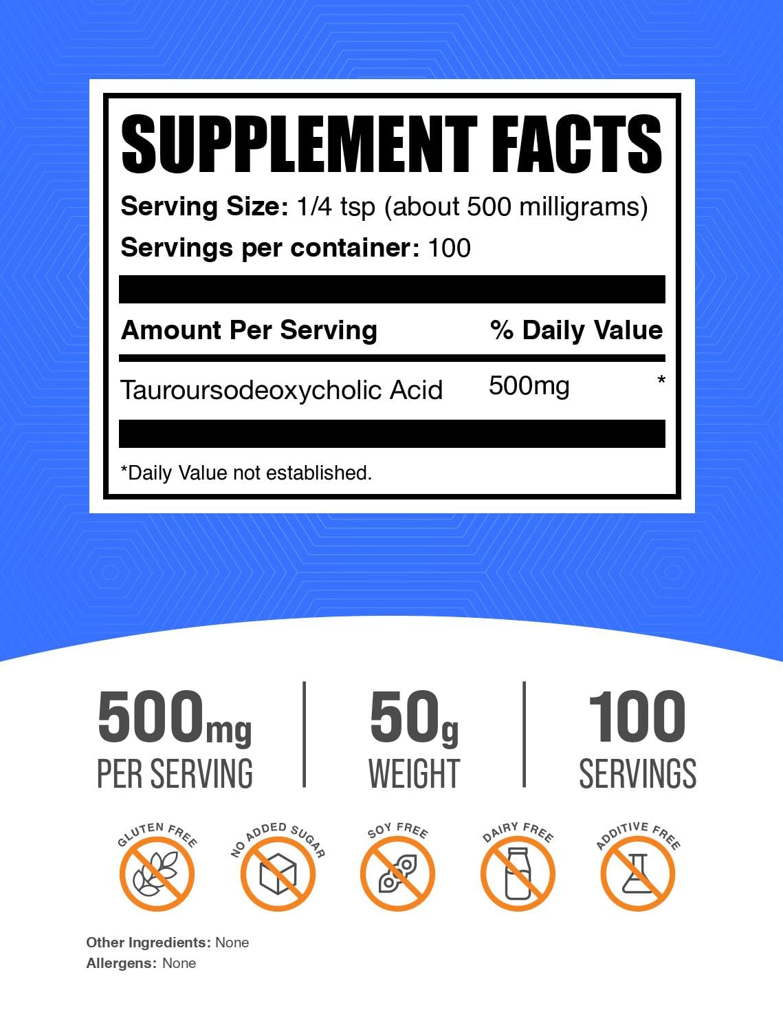 BulkSupplements.com TUDCA Powder - Tauroursodeoxycholic Acid, TUDCA 500mg - TUDCA Supplement for Liver Support - Gluten Free, 500mg per Serving, 50g (1.8 oz) (Pack of 1)